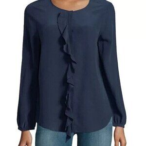Joie Navy Blue 100% Silk Top Ruffled Blouse M Feminine Flowy Ruffle Long Sleeve